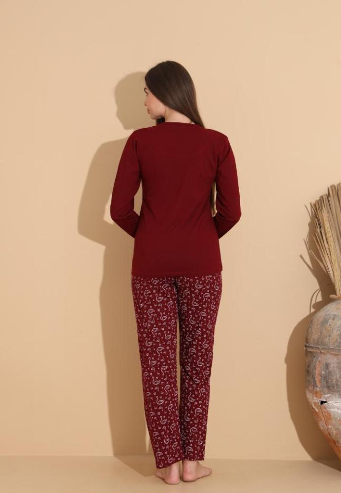 Pijama Dama „Our Family ,Pantaloni si Maneca Lunga,Culoare Visiniu,Engros